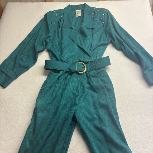 Sandy Sandy 80s Teal Jumpsuit Button Closure Belted Shoulder Pads Size 10 - Picture 11 of 15